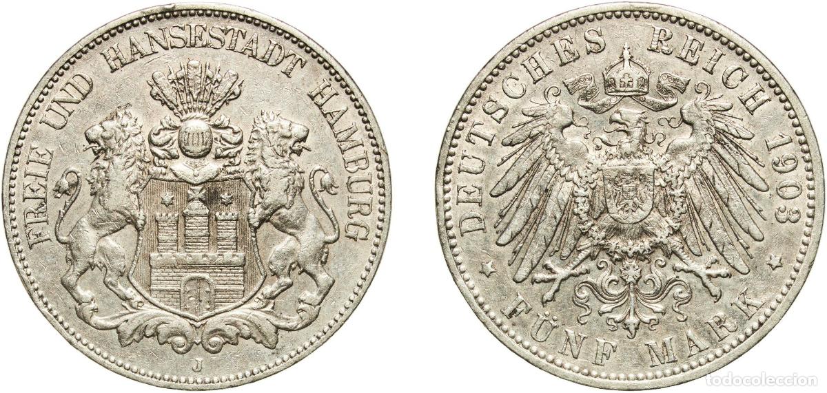 Monedas antiguas de Europa: Germany Free Hanseatic city of Hamburg Second Empire 1903 J 5 Mark Silver (.900) (588000) 27.77g XF