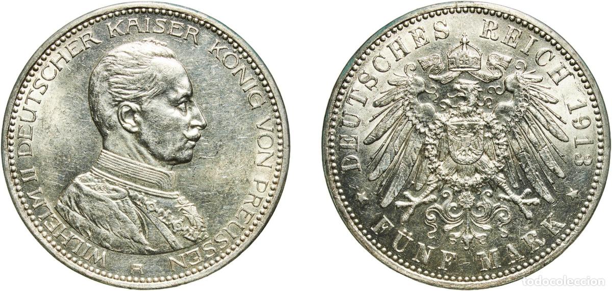 Monedas antiguas de Europa: Germany Kingdom of Prussia Second Empire 1913 A 5 Mark - Wilhelm II Silver (.900) Berlin Mint (1960