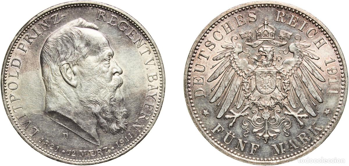 Monedas antiguas de Europa: Germany Kingdom of Bavaria Second Empire 1911 D 5 Mark - Otto Prince Regent Luitpold Silver (.900)