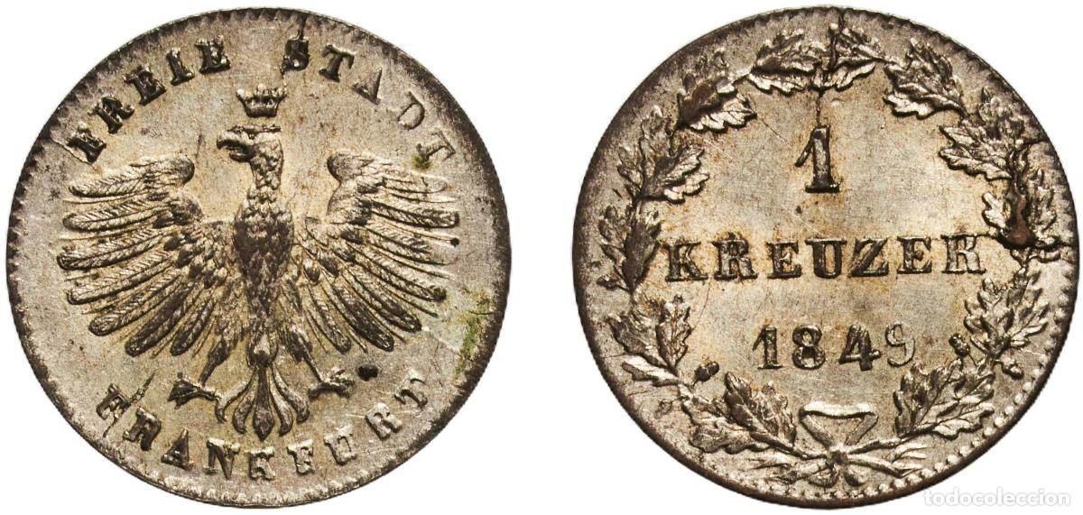 Monedas antiguas de Europa: Germany Free imperial city of Frankfurt German states 1849 1 Kreuzer Billon (.167 silver) (627000)