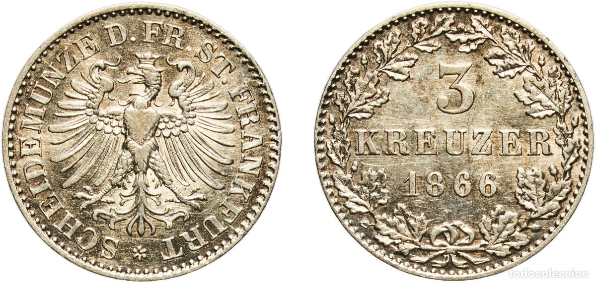 Monedas antiguas de Europa: Germany Free imperial city of Frankfurt German states 1866 3 Kreuzer Billon (.333 silver) (96000) 1
