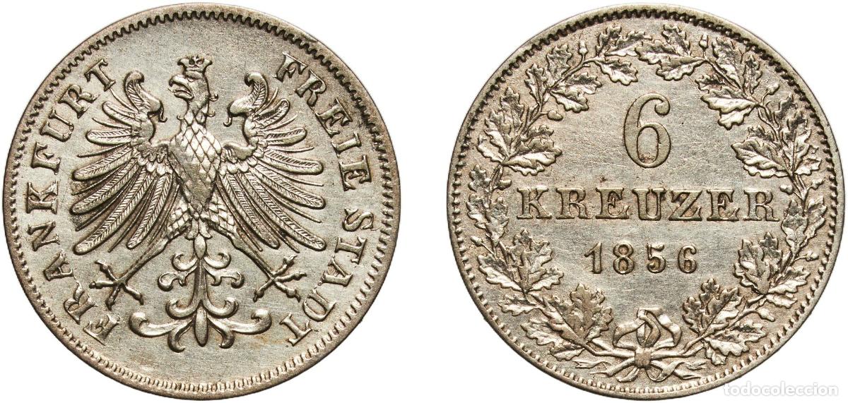 Monedas antiguas de Europa: Germany Free imperial city of Frankfurt German states 1856 6 Kreuzer Billon (.333 silver) (166000)