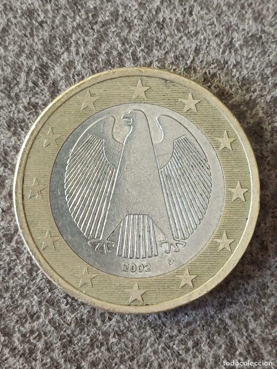 Monedas antiguas de Europa: Moneda de 1 euro de Alemania del a&ntilde;o 2002 ceca D. Se encuentra en buen estado y tiene errores.