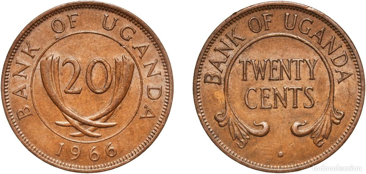 Moedas antigas da Europa: Uganda Republic 1966 20 Cents Bronze Royal Mint (7000000) 9.86g AU KM 3