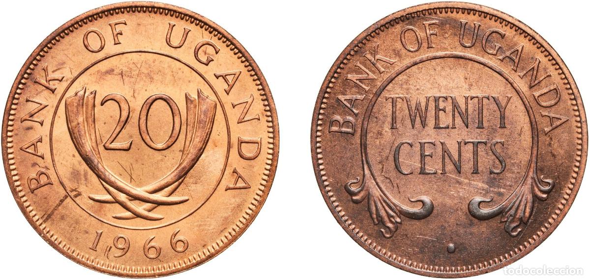 Monedas antiguas de Europa: Uganda Republic 1966 20 Cents Bronze Royal Mint (7000000) 9.7g AU KM 3