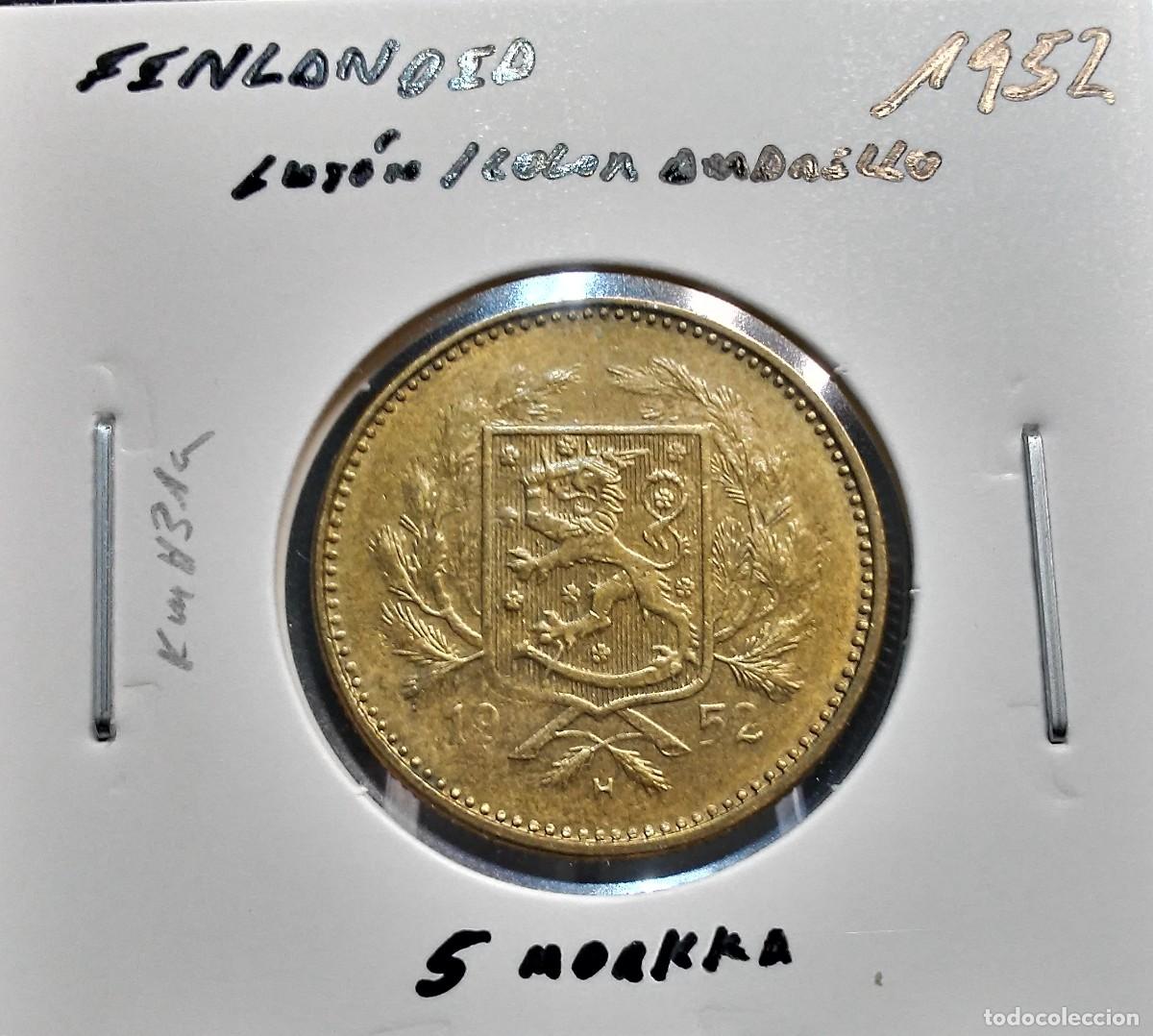 Monedas antiguas de Europa: FINLANDIA 5 MARCOS / MARKKAA 1952 KM#31a MBC LAT&Oacute;N , COLOR AMARILLO.