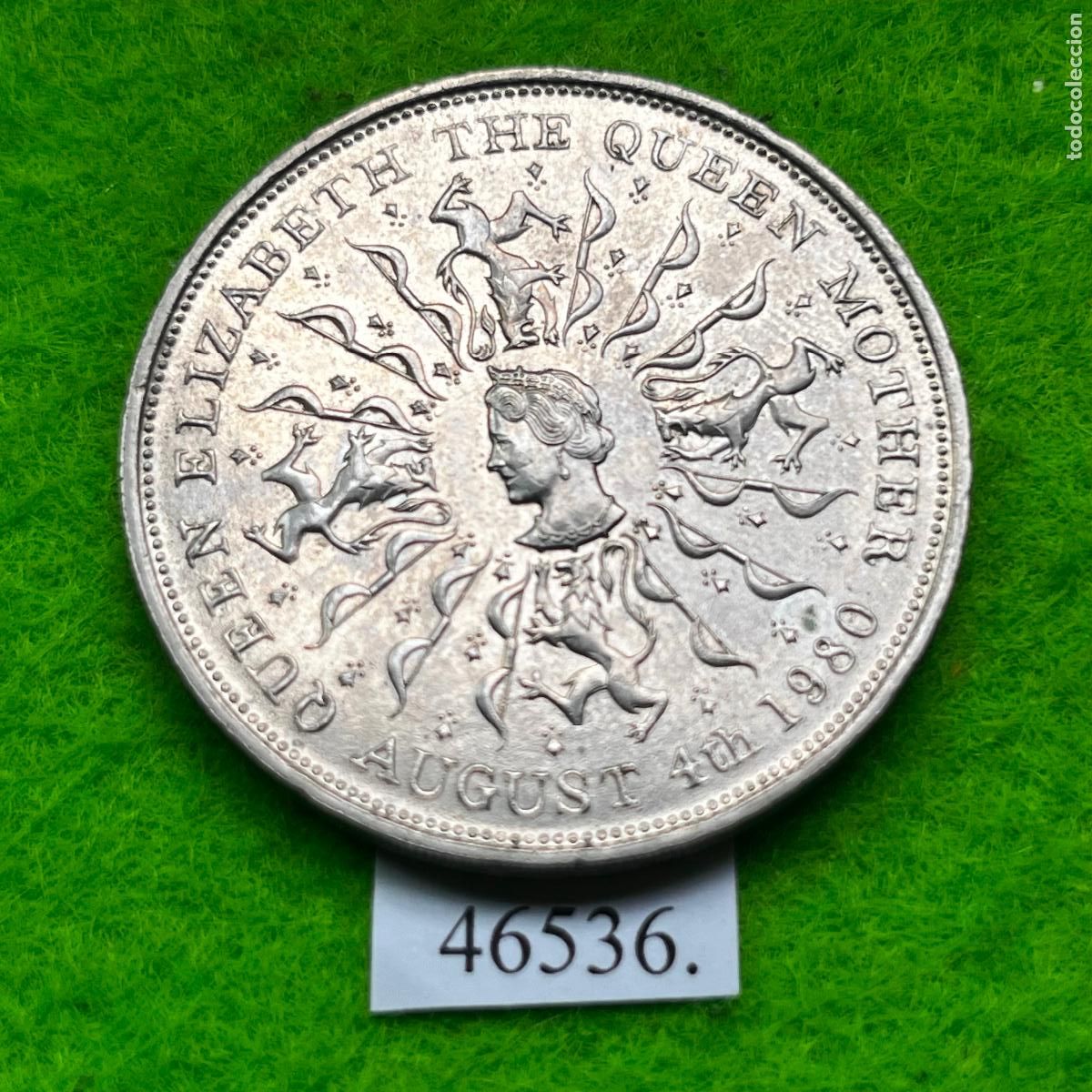Monedas antiguas de Europa: UK 25 peniques 1980, 80 a&ntilde;os Reina Madre, corona, Inglaterra
