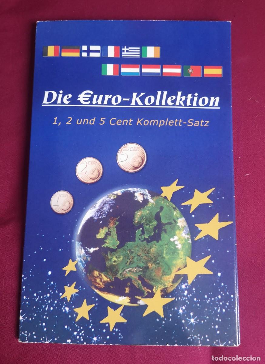 Moedas antigas da Europa: carpeta de colecci&oacute;n de monedas titulada &rdquo;Die Euro-Kollektion&rdquo; con monedas de 1, 2 y 5 c&eacute;ntimos.