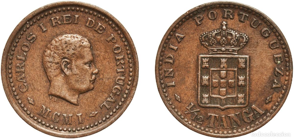 Monedas antiguas de Europa: India British Raj 1901 1&frasl;12 Tanga - Charles I (Lisboa mint) Bronze Lisbon Mint (960000) 1.88g XF K
