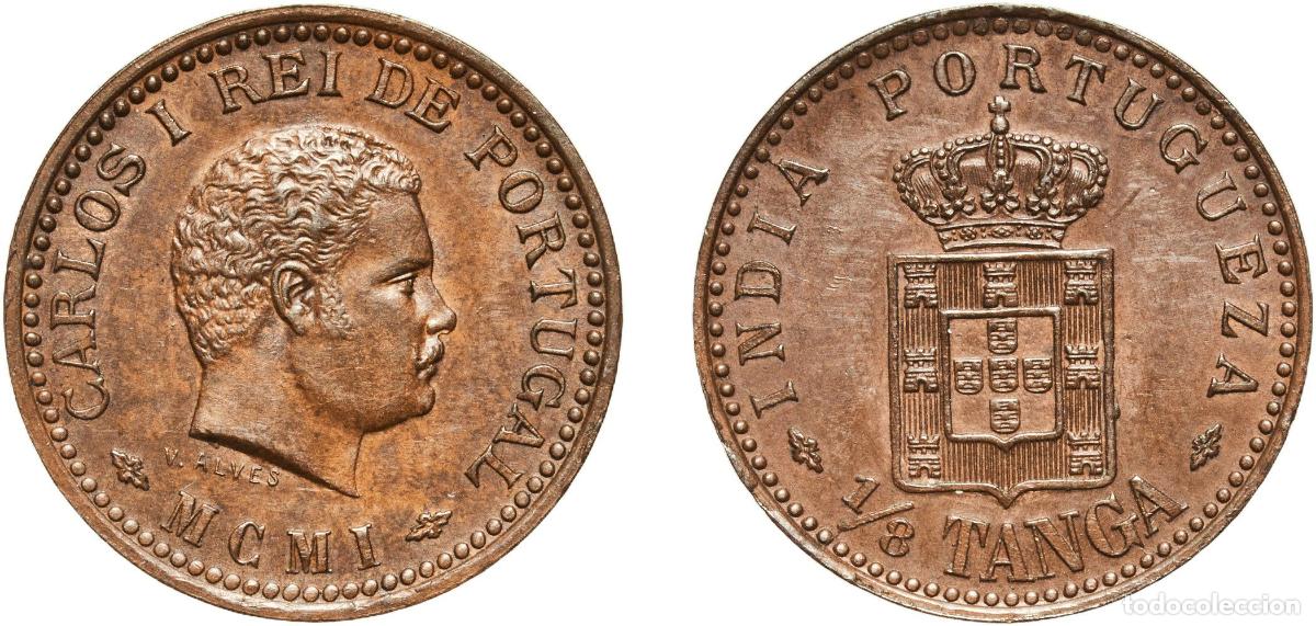 Monedas antiguas de Europa: India British Raj 1903 ⅛ Tanga - Charles I (Pattern, Lisboa mint) Aluminium Lisbon Mint 3.04g AU K