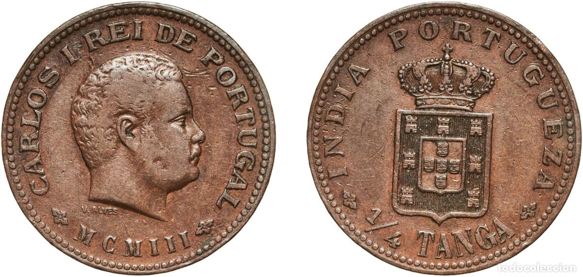 Monedas antiguas de Europa: India British Raj 1903 &frac14; Tanga - Carlos I (Lisboa mint) Bronze Lisbon Mint (800000) 6.44g XF KM 15