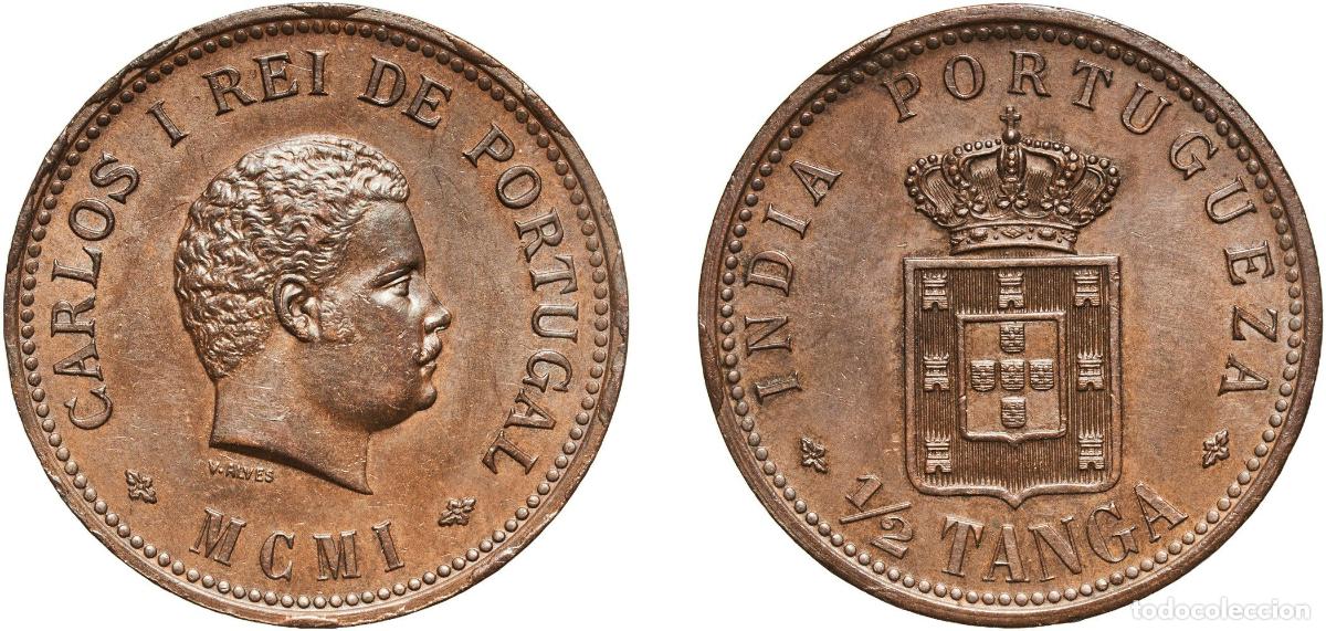 Monedas antiguas de Europa: India British Raj 1901 &frac12; Tanga - Carlos I (Lisboa mint) Bronze Lisbon Mint (800000) 12.86g AU KM 1