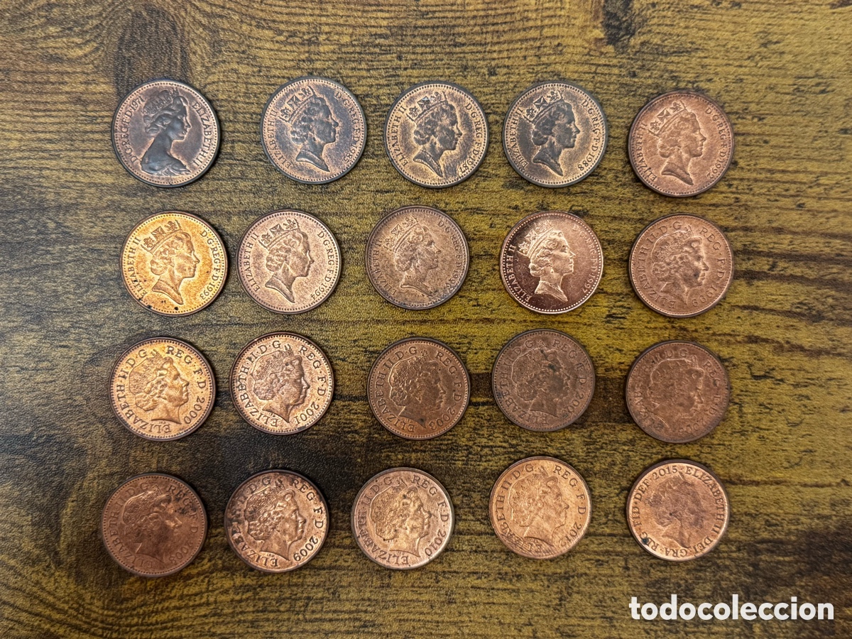 Monedas antiguas de Europa: Lote de 20 monedas de 1 penique de 1971 a 1915. No se repiten a&ntilde;o. Reino Unido