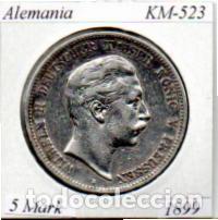 Monedas antiguas de Europa: ALEMANIA 1899, 5 MARK, KM-523, AG, MBC;