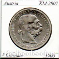 Monedas antiguas de Europa: AUSTRIA 1900, 5 CORONAS, KM-2807, AG, MBC;
