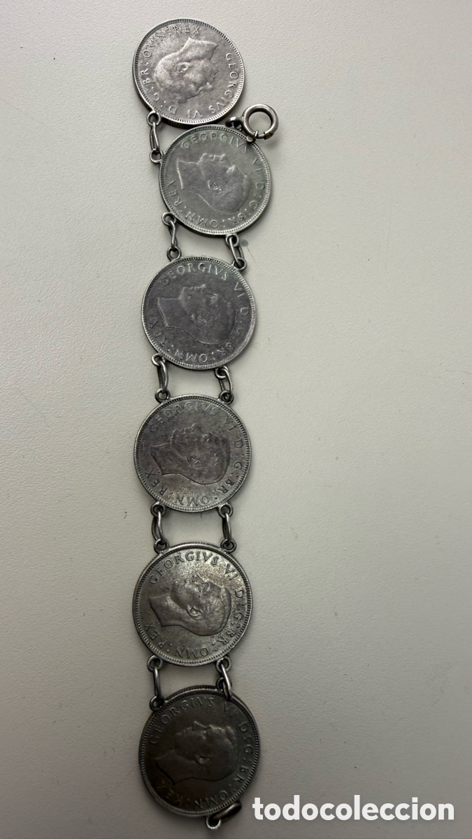 Monedas antiguas de Europa: Pulsera de 6 monedas Gran Breta&ntilde;a flor&iacute;n o chelines.