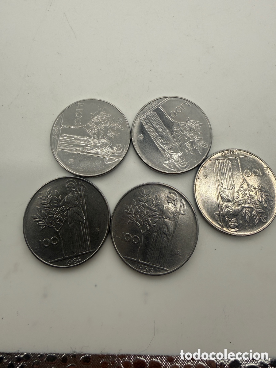 Old Coins of Europe: Lote de 5 monedas antiguas de Italia de 100 liras Minerva &ndash; a&ntilde;os 1956 a 1977