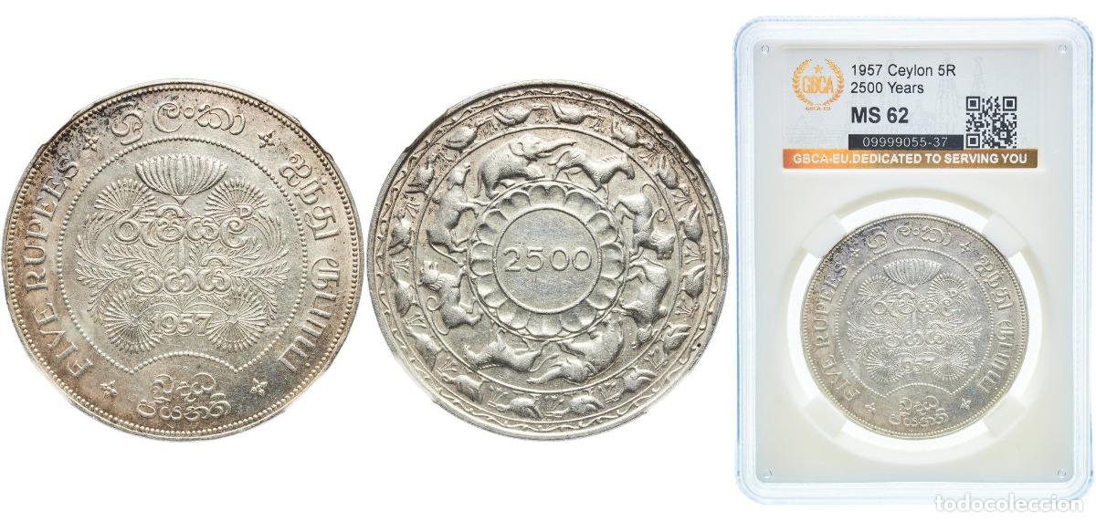 Monedas antiguas de Europa: Sri Lanka British Ceylon colony 1957 5 Rupees - Elizabeth II (Buddha) Silver (.925) Royal Mint (Tow