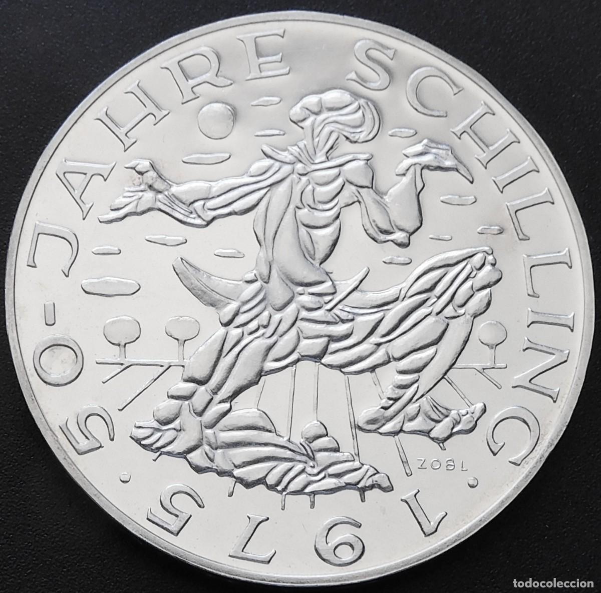 Old Coins of Europe: MONEDA AUSTRIA 10O CHELINES 1975 - ANIVERSARIO DEL CHEL&Iacute;N. PLATA PROOF. ESCASA