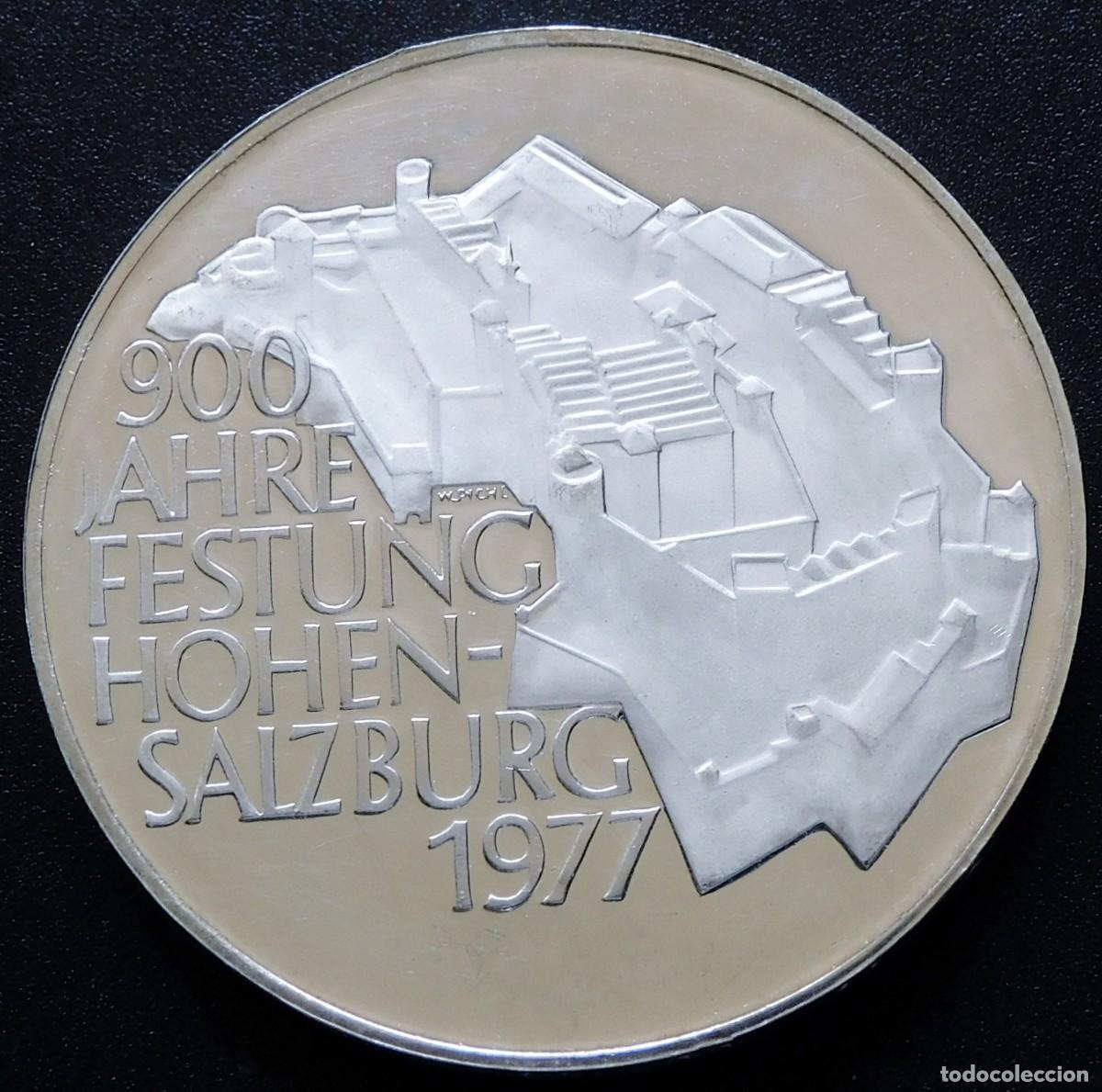 Old Coins of Europe: MONEDA AUSTRIA 10O CHELINES 1977 - 900 ANIVERSARIO DE FORTALEZA HOHENSALZBURG. PLATA PROOF. ESCASA