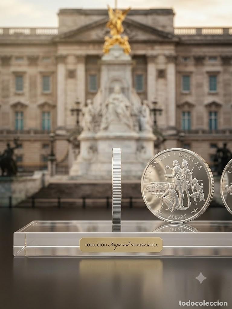 Alte M&uuml;nzen aus Europa: Moneda un d&oacute;lar de plata canadiense 1990 Isabel II 300 aniversario Henry Kelsey