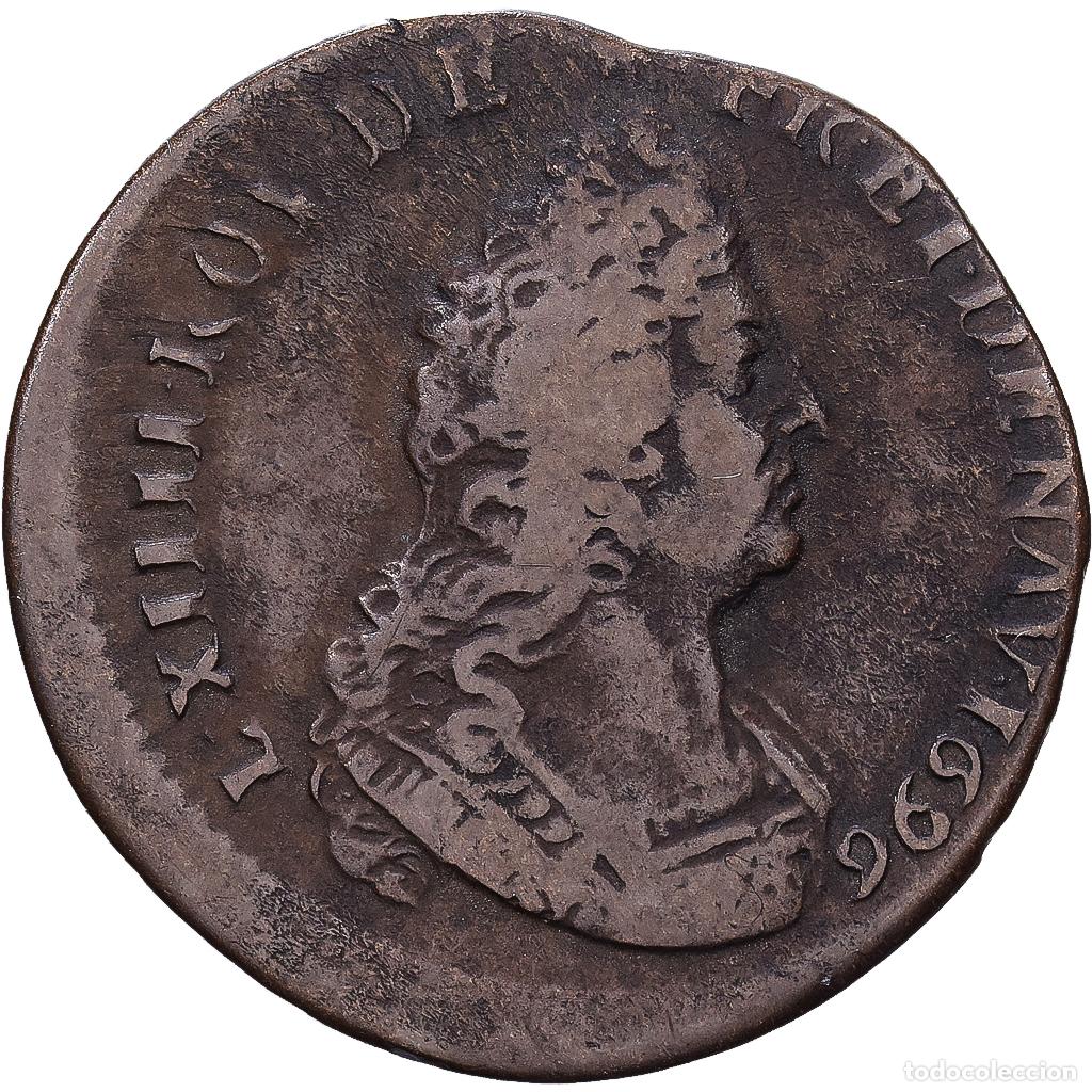 Monedas antiguas de Europa: [#1546925] Francia, Louis XIV, Liard de France, 1696, Lyon, Cobre, BC+, Gadoury:81