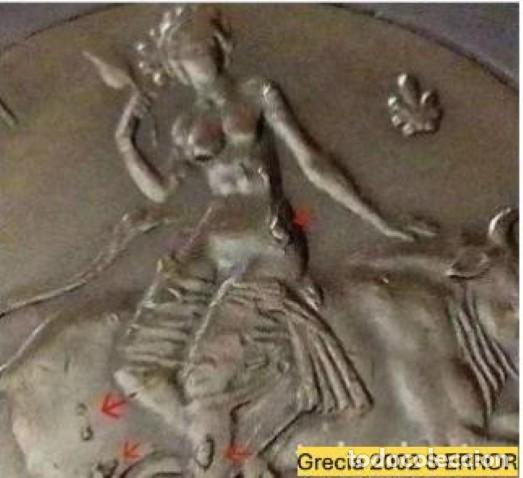 Alte M&uuml;nzen aus Europa: MONEDAS DE GRECIA 2 euros 2002 Ceca S CON EXCESO DE METAL. Moneda con errores