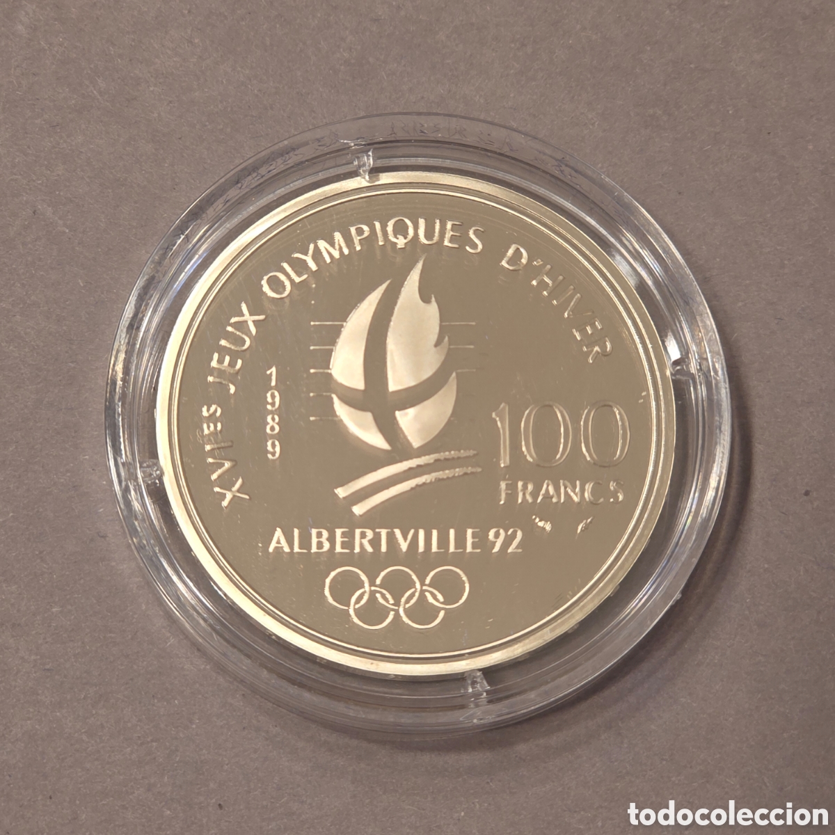 Old Coins of Europe: Plata 100 Francos 1989 - JJ.OO. Albertville 92 (Patinaje Art&iacute;stico) BE Proof + Estuche y Certificado