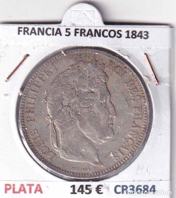 Alte M&uuml;nzen aus Europa: CR3684 MONEDA FRANCIA 5 FRANCOS 1843 LUIS FELIPE I ESTRASBURGO PLATA