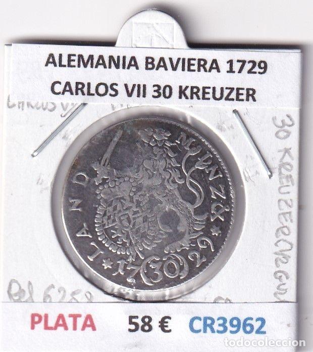 Old Coins of Europe: CR3962 MONEDA ALEMANIA BAVIERA CARLOS VII 1729 30 KREUZER PLATA