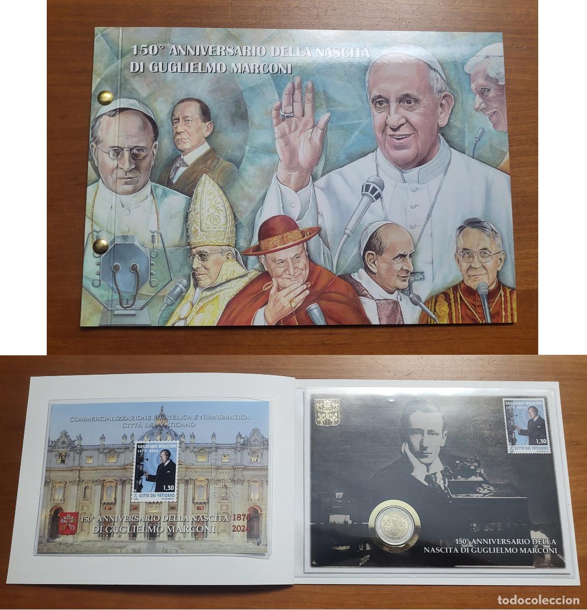 Monedas antiguas de Europa: BUSTA FILAT&Eacute;LICO-NUMISM&Aacute;TICA 2 EUROS CONM VATICANO 2024 MARCONI