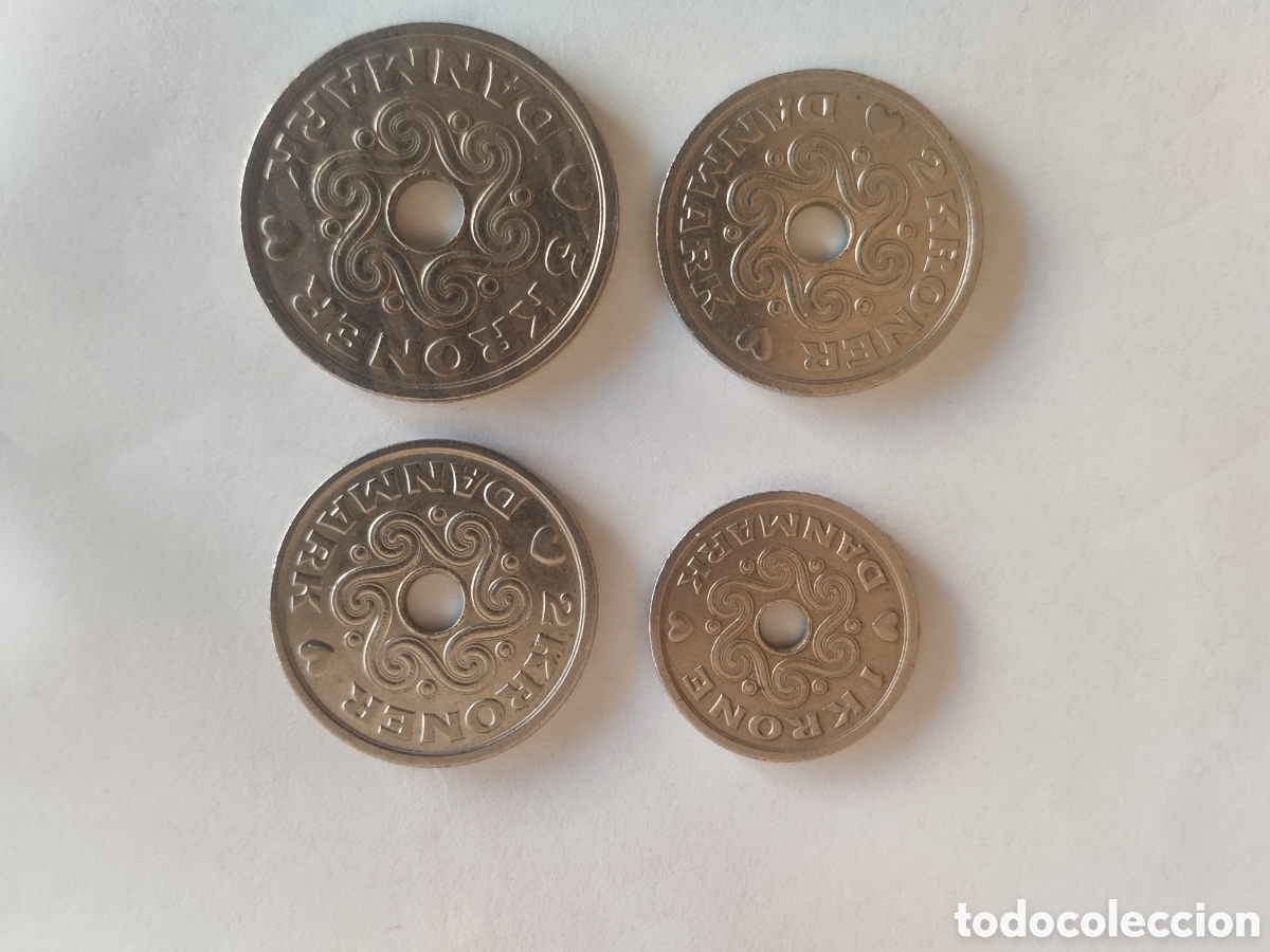 Old Coins of Europe: LOTE DE CUATRO MONEDAS DINAMARCA, 1 CORONA 1992- 2 CORONAS 1995 Y 2006 - 5 CORONAS 1990