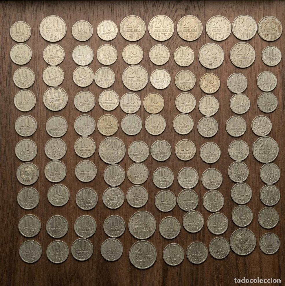 Monedas antiguas de Europa: Conjunto de 100 monedas de 10 y 20 Kopek de diferentes a&ntilde;os entre 1961 y 1991.