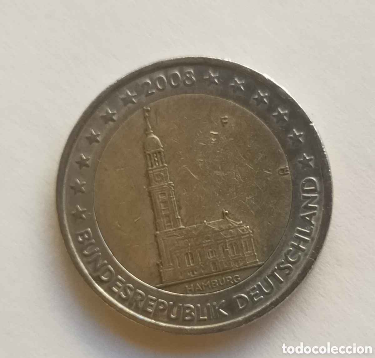 Monedas antiguas de Europa: moneda conmemorativa de 2 euros de Alemania del a&ntilde;o 2008, dedicada al estado federado de Hamburgo,