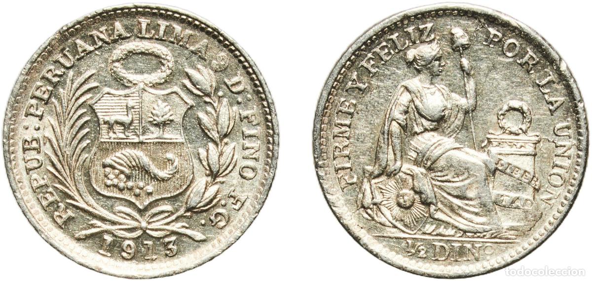 Monedas antiguas de Europa: Peru Republic 1913 FG &frac12; Dinero Silver (.900) (480000) 1.25g UNC KM 206
