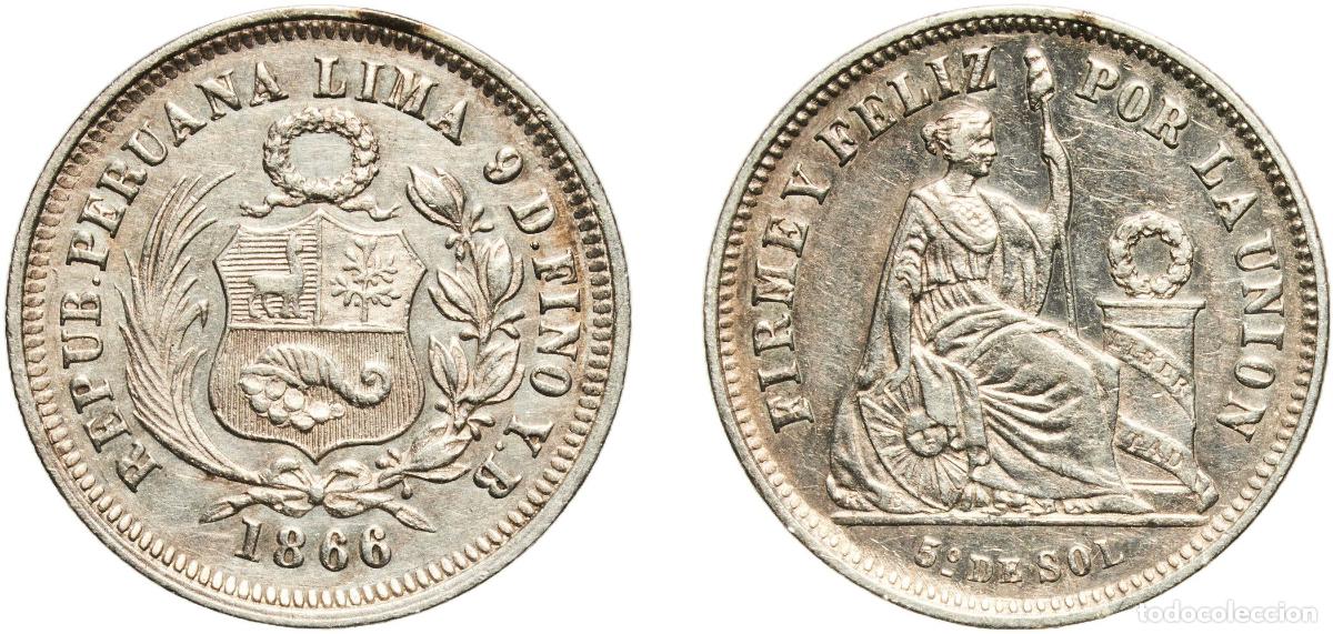 Monedas antiguas de Europa: Peru Republic 1866 YB ⅕ Sol Silver (.900) 4.96g AU KM 191