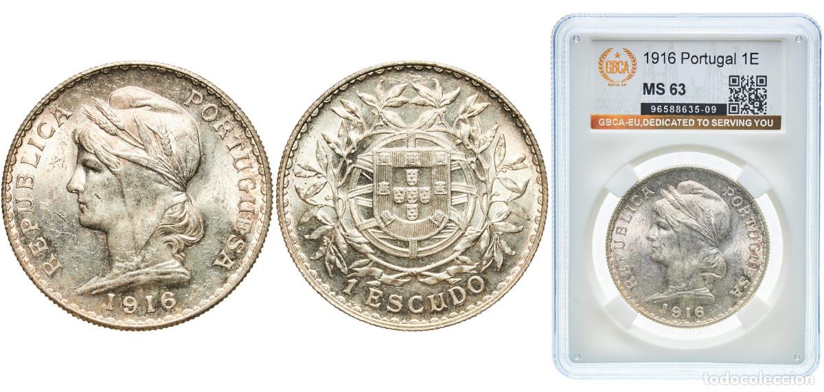 Monedas antiguas de Europa: Portugal First Republic 1916 1 Escudo Silver (.835) Lisbon Mint (1405000) 25g GBCA MS KM 564 Gomes