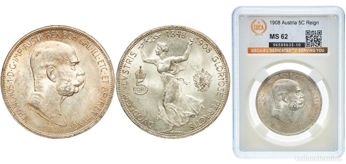 Monedas antiguas de Europa: Austria Empire 1908 5 Corona - Franz Joseph I (Reign) Original luster Silver (.900) Vienna Mint (39