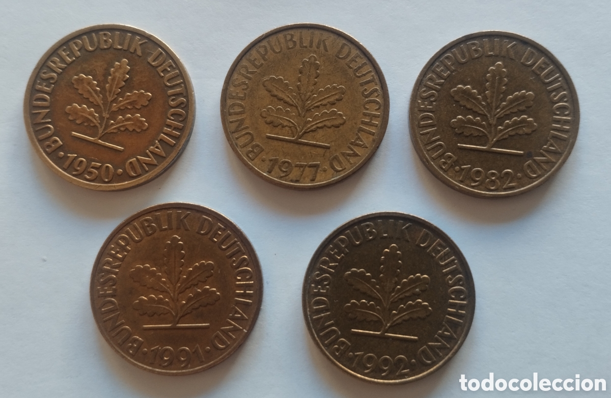 Alte M&uuml;nzen aus Europa: LOTE DE CINCO MONEDAS ALEMANIA 1O PFENNIG 1950-1977-1982-1991 Y 1992 (FOTO)