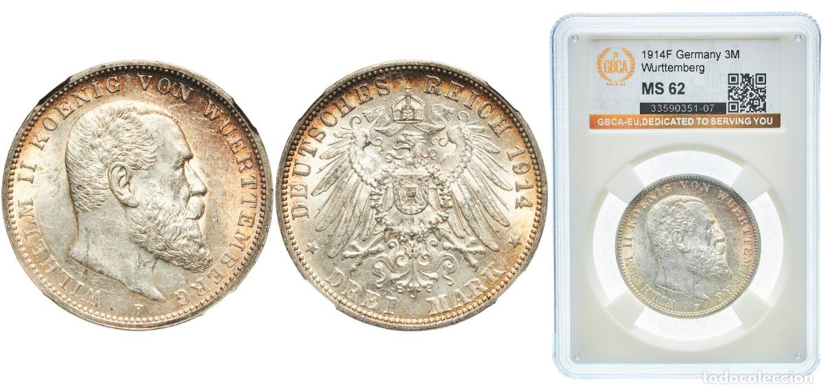 Monedas antiguas de Europa: Germany Kingdom of W&uuml;rttemberg Kingdom of W&uuml;rttemberg Second Empire 1914 F 3 Mark - Wilhelm II Sil