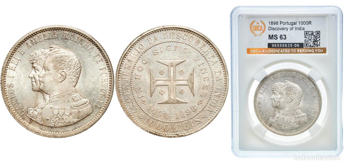 Monedas antiguas de Europa: Portugal Kingdom 1898 1000 R&eacute;is - Carlos I (Discovery of India) Silver (.9167) Lisbon Mint (300000)