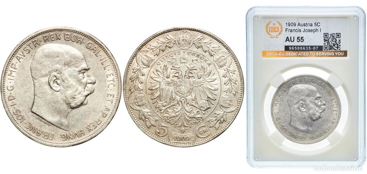 Monedas antiguas de Europa: Austria Empire 1909 5 Corona - Franz Joseph I Silver (.900) Vienna Mint (1708800) 24g GBCA AU KM 2