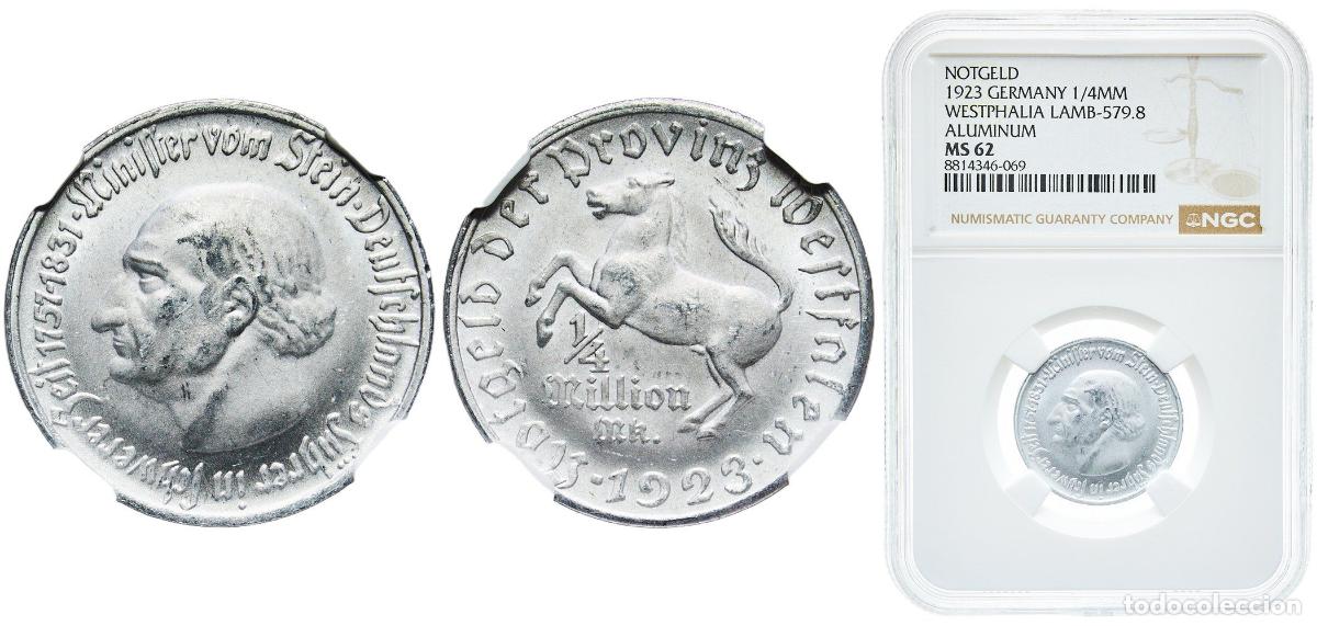 Monedas antiguas de Europa: Germany Prussian province of Westphalia Weimar Republic 1923 &frac14; Million Mark - Westfalen (Freiherr v