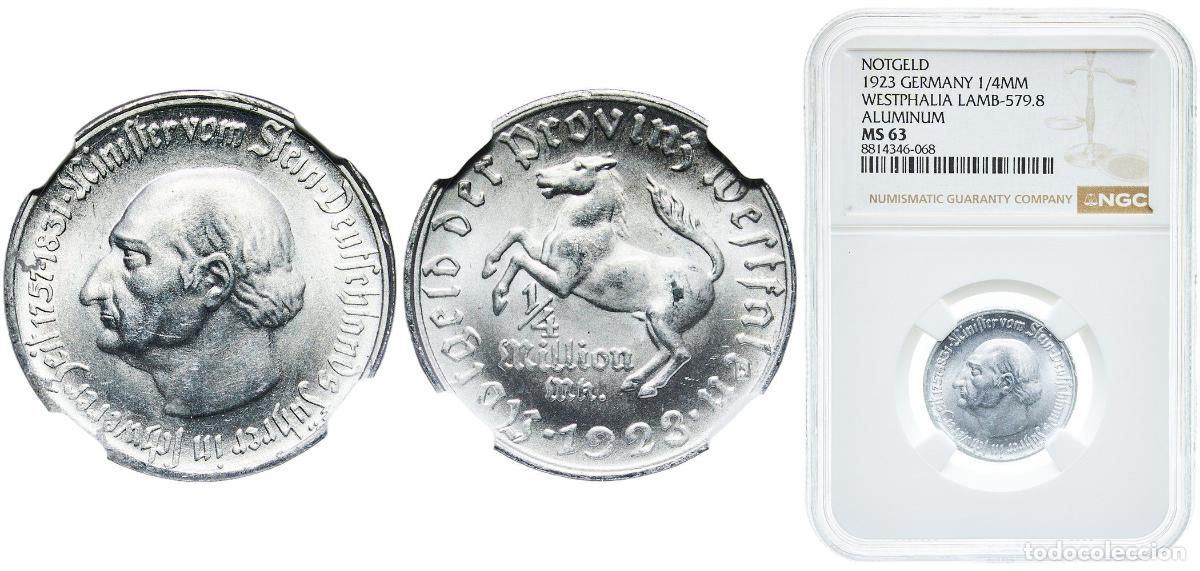 Monedas antiguas de Europa: Germany Prussian province of Westphalia Weimar Republic 1923 &frac14; Million Mark - Westfalen (Freiherr v