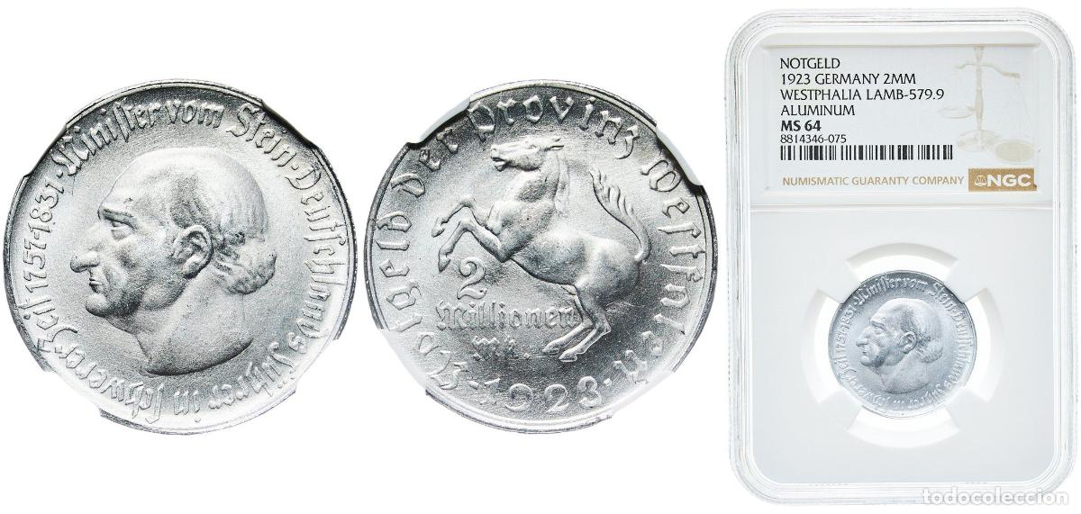 Monedas antiguas de Europa: Germany Prussian province of Westphalia 1923 2 millions Mark - Westfalen (Freiherr vom Stein) Alumi