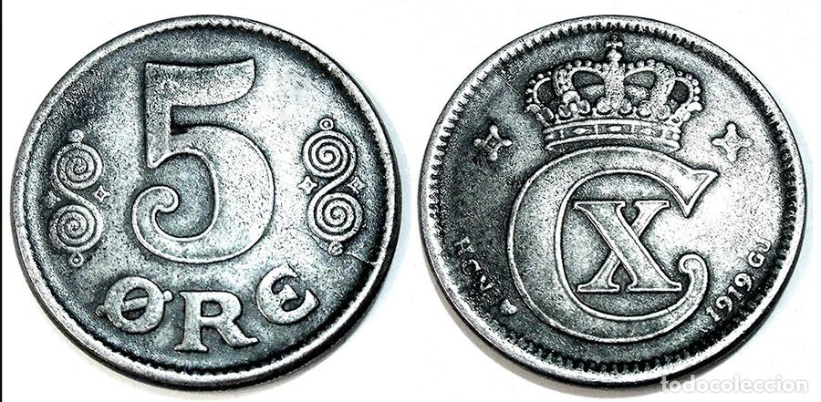 Moedas antigas da Europa: DINAMARCA - 5 ORE - 1919 HCN GJ - HIERRO - E.B.C. - REF: KM#814.2a