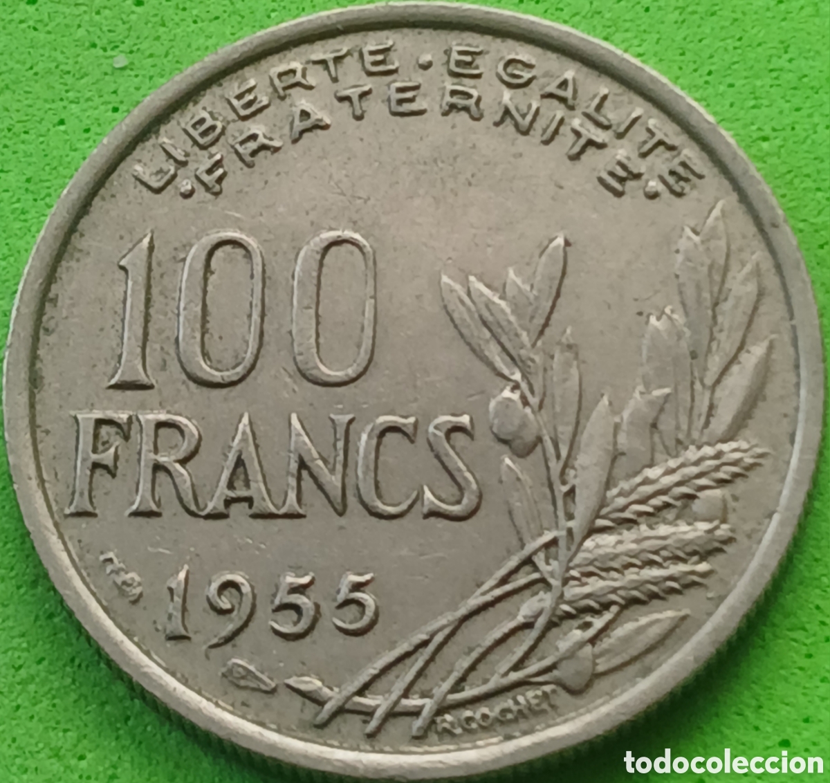 Monedas antiguas de Europa: Francia 100 francos 1955 km#919 sin marca de ceca