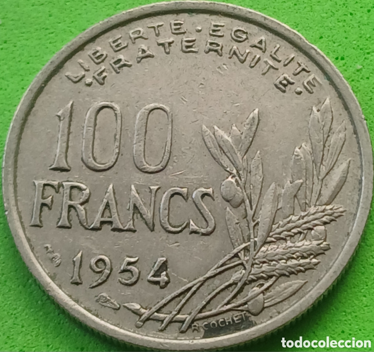 Monedas antiguas de Europa: Francia 100 francos 1954 km#919 sin marca de ceca