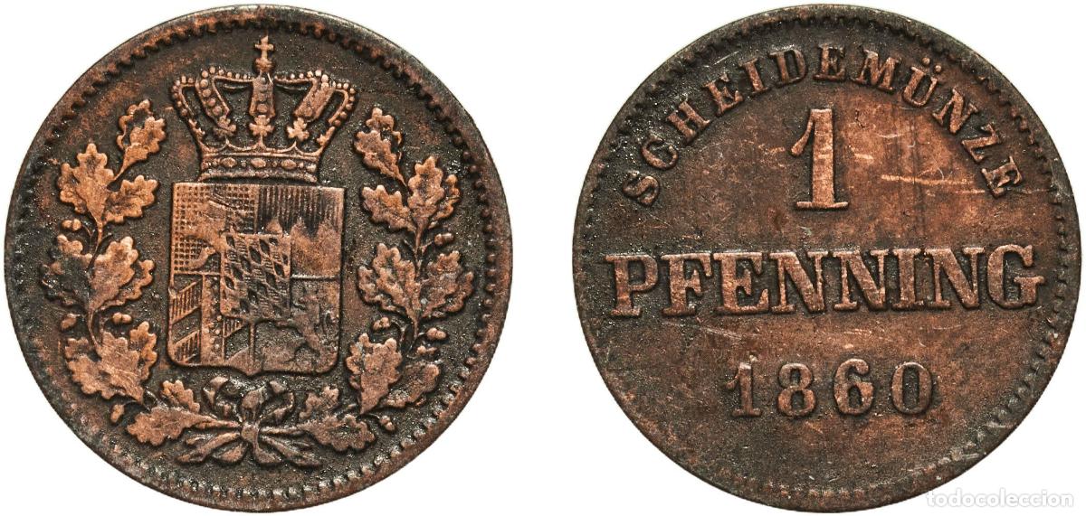 Monedas antiguas de Europa: Germany Kingdom of Bavaria German states 1860 1 Pfenning - Maximilian II Copper Munich Mint 1.21g V
