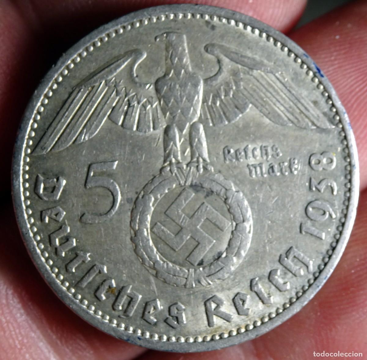 Moedas antigas da Europa: ANTIGUA MONEDA ALEMANIA NAZI, 5 MARCOS 1938, PLATA, ESV&Aacute;STICA, VER FOTOS